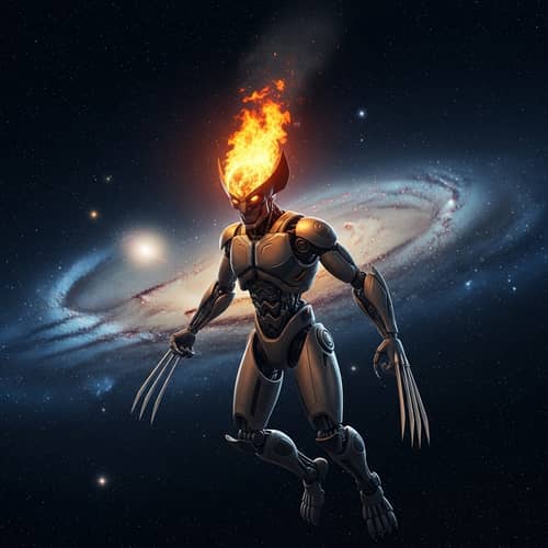 Fiery-Headed Space Robot - Unique Design in Cosmic Landscape