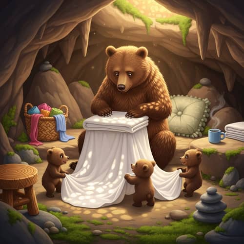 Brown Bear Mother & Cubs Folding Bed Sheets in Cozy Cave