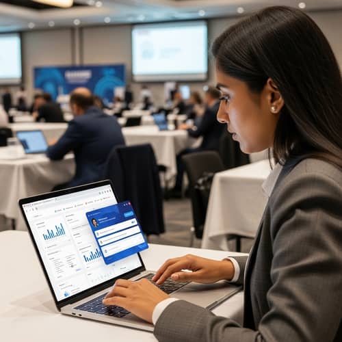 South Asian Female Engaging with AI Web App at Networking Conference