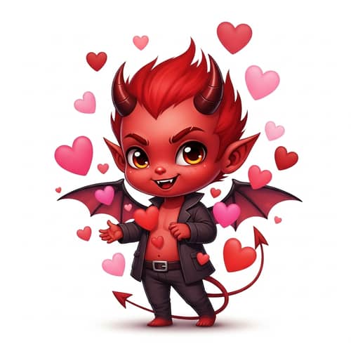 Cute Male Devil Surrounded by Hearts - Enchanting Scene