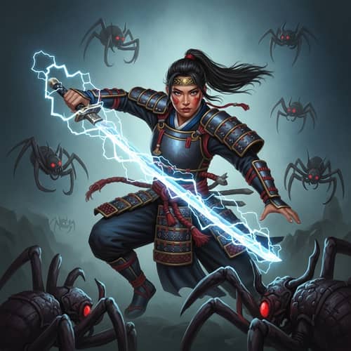 Female Samurai Warrior Battling Mythical Spider Creatures