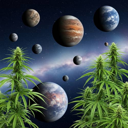 Surreal Cosmic Garden: Planets and Cannabis Plants
