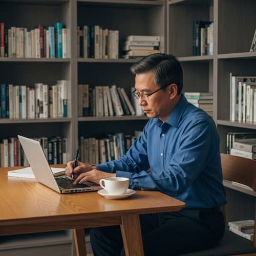 Asian Man Writing Email at Wooden Desk | Productive Workspace