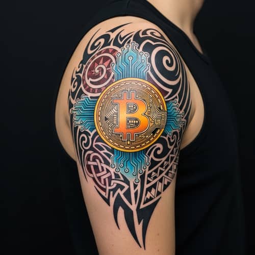 Colorful Deltoid Tattoo Combining Bitcoin & Tribal Elements