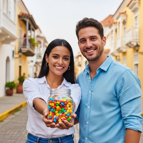 Smiling Young Couple Sharing Jar of Candies in Historic City | Website