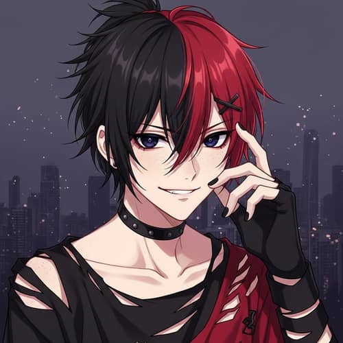 Anime-Style Boy Character with Black & Red Hair | Mischievous Look