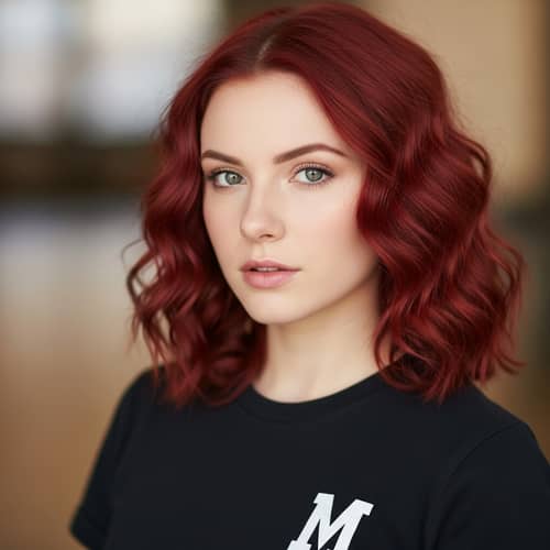 Young Woman with Oval Face and Red Curly Hair in Black T-shirt