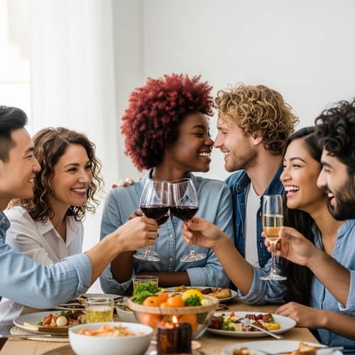 Diverse Couples Enjoying Shared Meal & Making Toast
