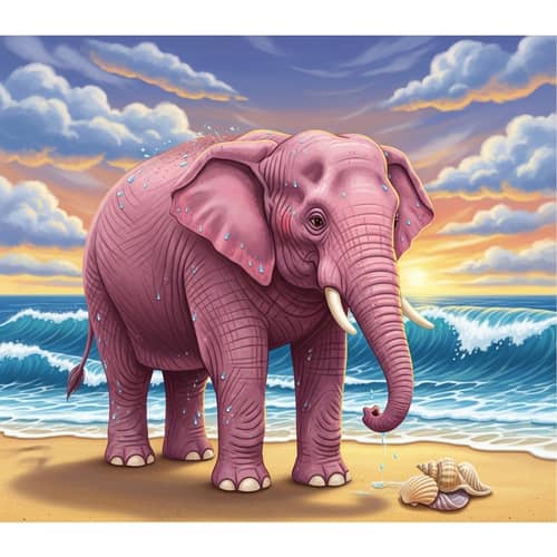 Pink Elephant on Beach with Sunset Sky | Friendly Seashell Observer