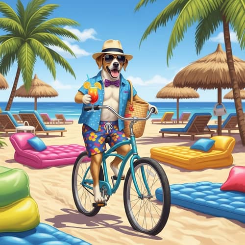 Joyful Dog in Stylish Attire Riding Cruiser Bike at Tropical Beach Resort