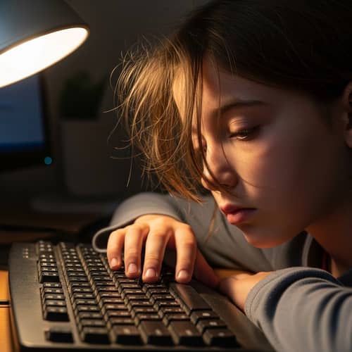 Tired Caucasian Girl Looking Around Keyboard