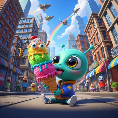 Cute Alien Enjoying Ice Cream in Vibrant City Scene