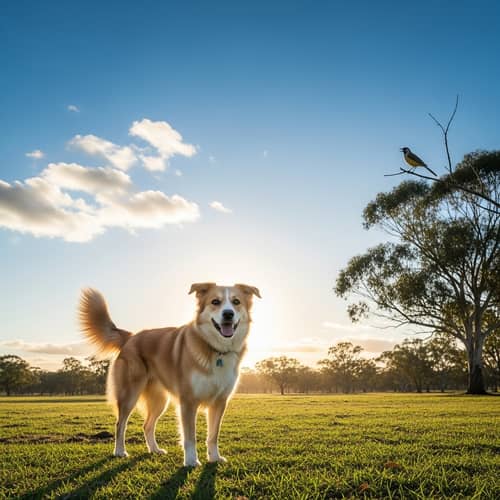 Friendly Dog in Open Field with Bright Eyes and Wagging Tail