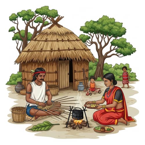Tranquil Adivasi Tribal Village Scene with Traditional Activities