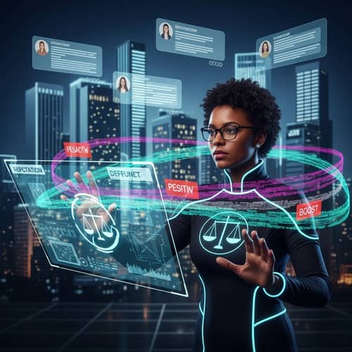 Futuristic Metaverse Reputation Defender | African Woman Modifying Data Streams