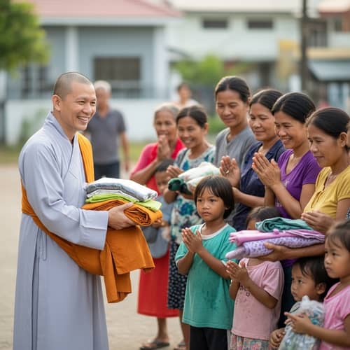 Asian Monk Engaged in Charitable Work for the Poor