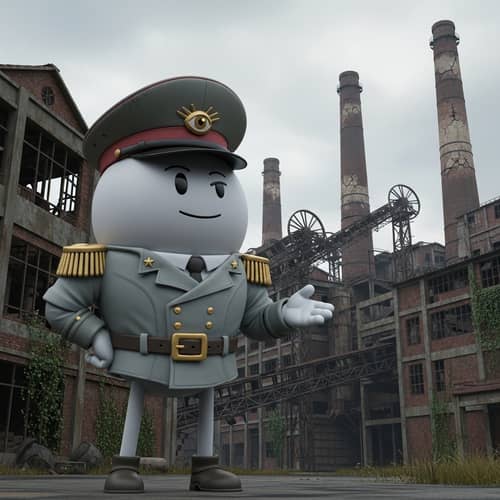 Confident Smesharikov in Military Outfit at Destroyed Factory