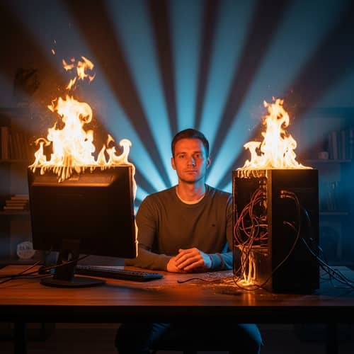 Calm Man Facing Flaming Computer | Dramatic Scene
