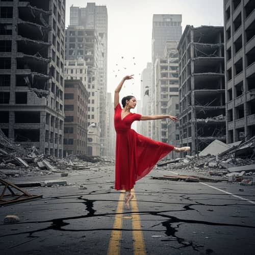 Hispanic Ballerina Dancing Amidst Post-Apocalyptic Ruins