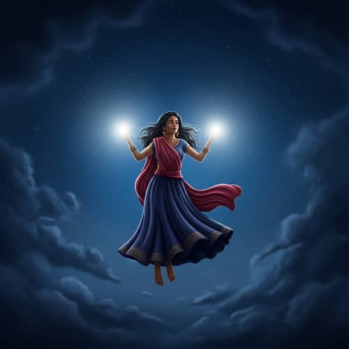 Enchanting South Asian Girl Floating in Night Sky