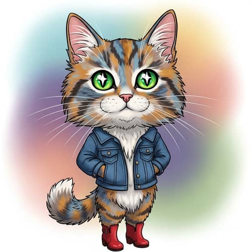 Colorful Long-Haired Cat in Stylish Outfit | Cartoon Illustration