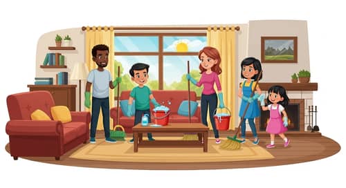Spring Cleaning Cartoon: Multicultural Family in a Cheerful Living Room