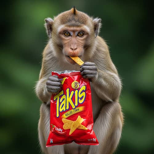Playful South Asian Monkey Enjoying Takis
