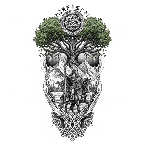 Scandinavian Mythology Tattoo Design Featuring Valkyrie and Yggdrasil