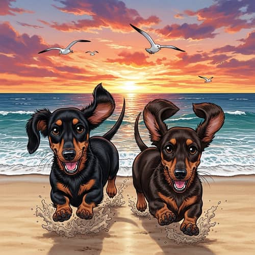 Anime Style Dachshunds Running on Sandy Beach