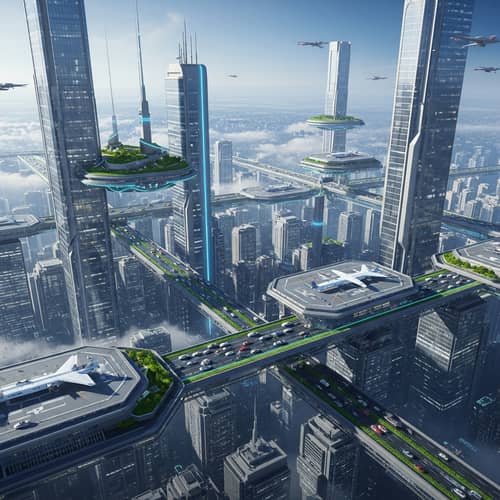 Futuristic Cityscape: Skyscrapers, Highways & Skyports | Urban Airscape
