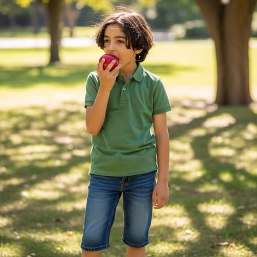 Young Boy Enjoying Apple in Park | Healthy Snack Outdoors