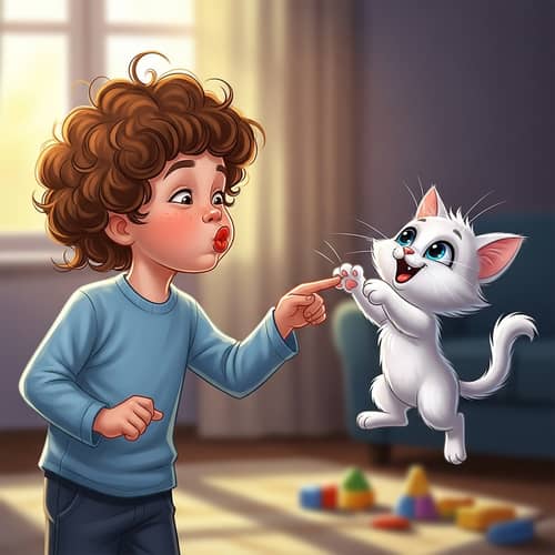 Young Caucasian Boy in Wig Playing with Cartoon Cat