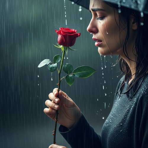 Emotional Scene in the Rain with a Red Rose | Tears and Thorns