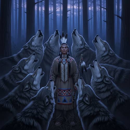 Native American Woman & Howling Wolves