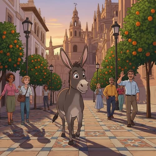 Donkey Wandering in Historical Streets of Seville, Spain