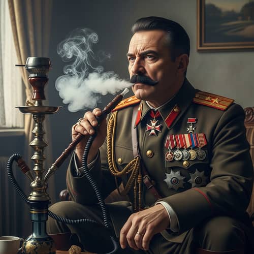 Vintage Military Man Smoking Ornate Hookah