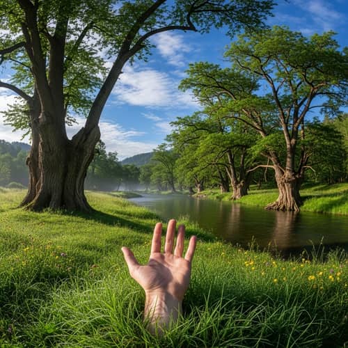 Majestic Natural Landscape with Mysterious Hand Touching Grass