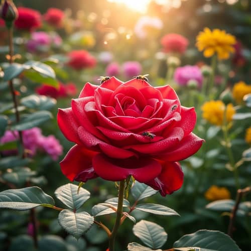 Vibrant Red Rose in Morning Garden - Beautiful Nature Scene