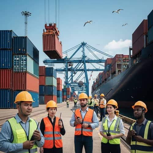 Bustling Port Scene: Industrial Ballet of Water, Steel, and Human Endeavor