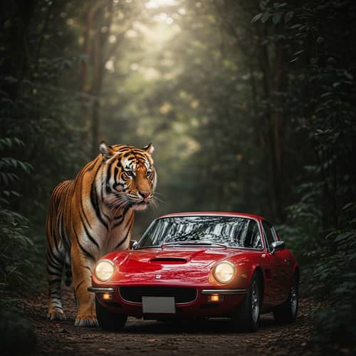 Red Sports Car and Majestic Bengal Tiger in Captivating Jungle Scene