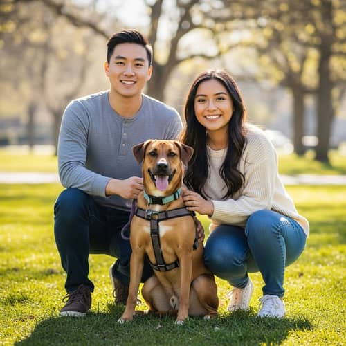 Joyful Brown Dog with Diverse Owners in Park | Warmth and Affection