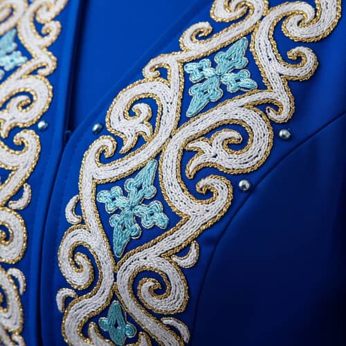 Stunning Kazakh Pattern Embroidery on Blue Dress