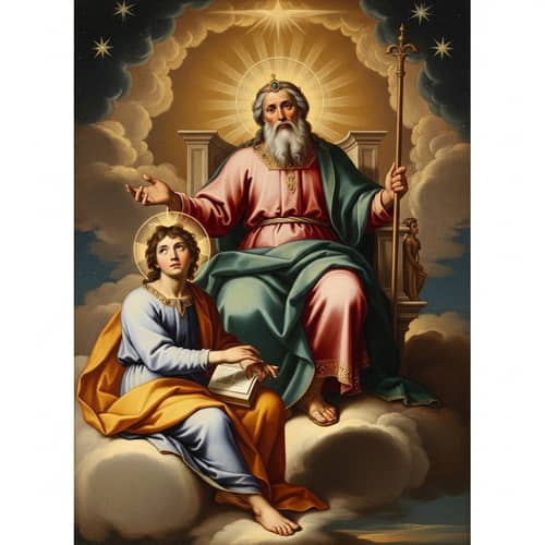 Divine Middle Eastern Deity and Son in Celestial Throne Portrait