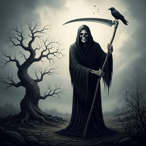 La Muerte: Ominous Skeleton in Bleak Landscape with Crow