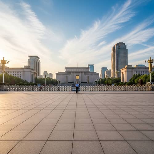 Modern Chinese Architecture at Sunrise in Empty City Square