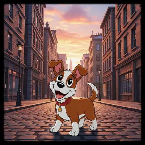 Charming Dog in Don Bluth-Style Animation on City Street