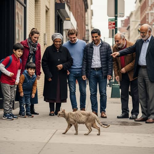Diverse Group on City Street Amused by Thin Cat Scene