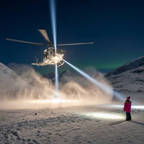 Helicopter Descends Illuminating Night Sky: Enchanting Scene Helicopter Descends Illuminating Night Sky: Enchanting Scene
