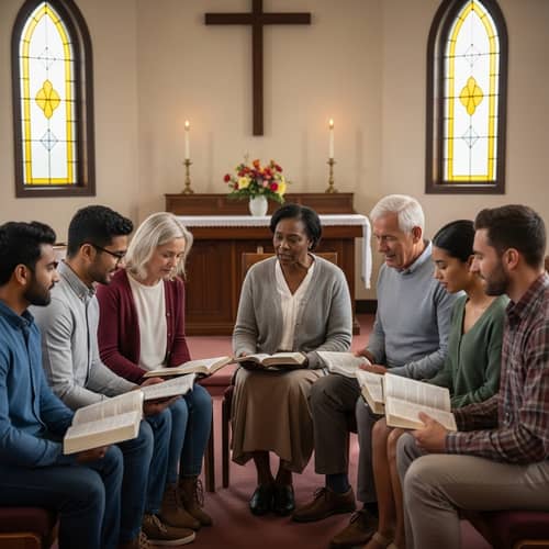Diverse Bible Study Group in Quaint Church Prays Together