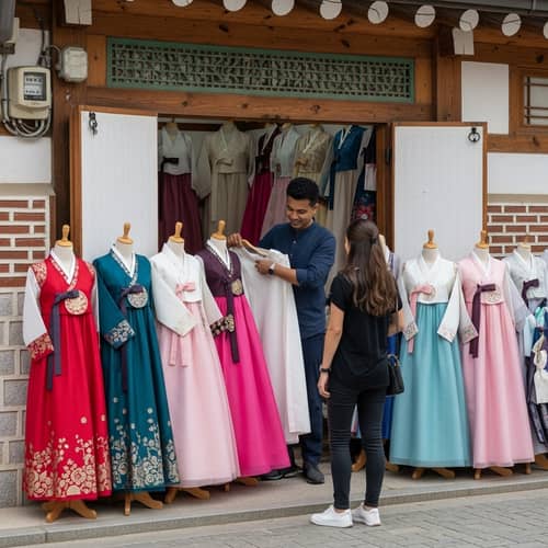 Colorful Hanbok Robes Exhibition in Hanok Street - South Korea